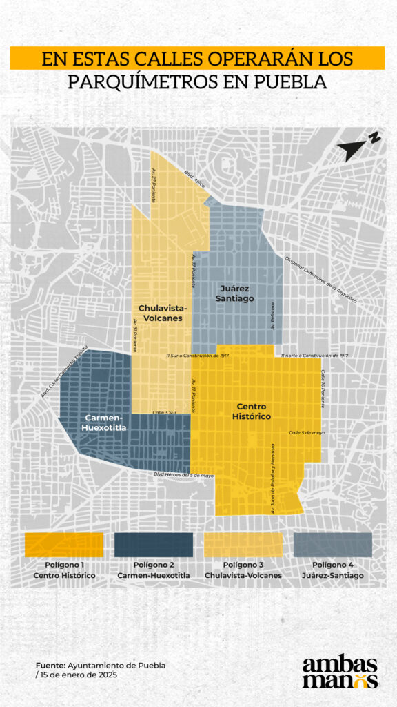 Mapa de los los cuatro polígonos, conformados por colonias de Puebla, en donde operarán los parquímetros.