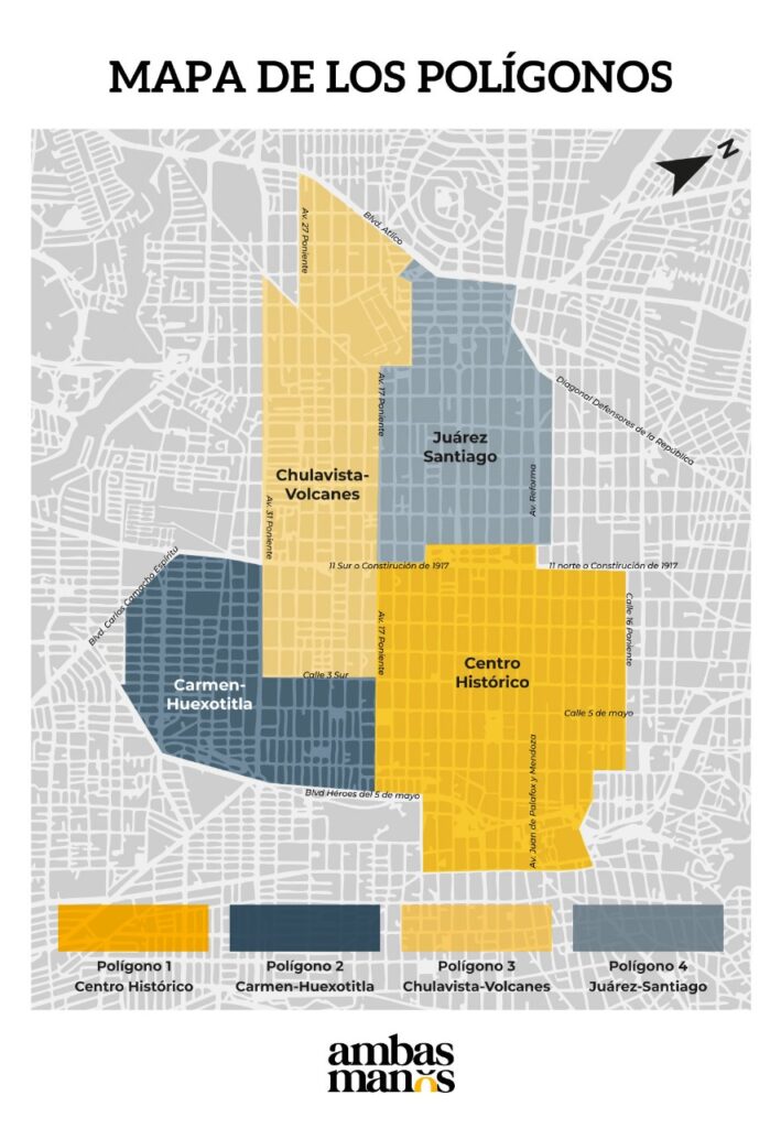 Mapa de los los cuatro polígonos, conformados por colonias de Puebla, en donde se colocarán parquímetros.