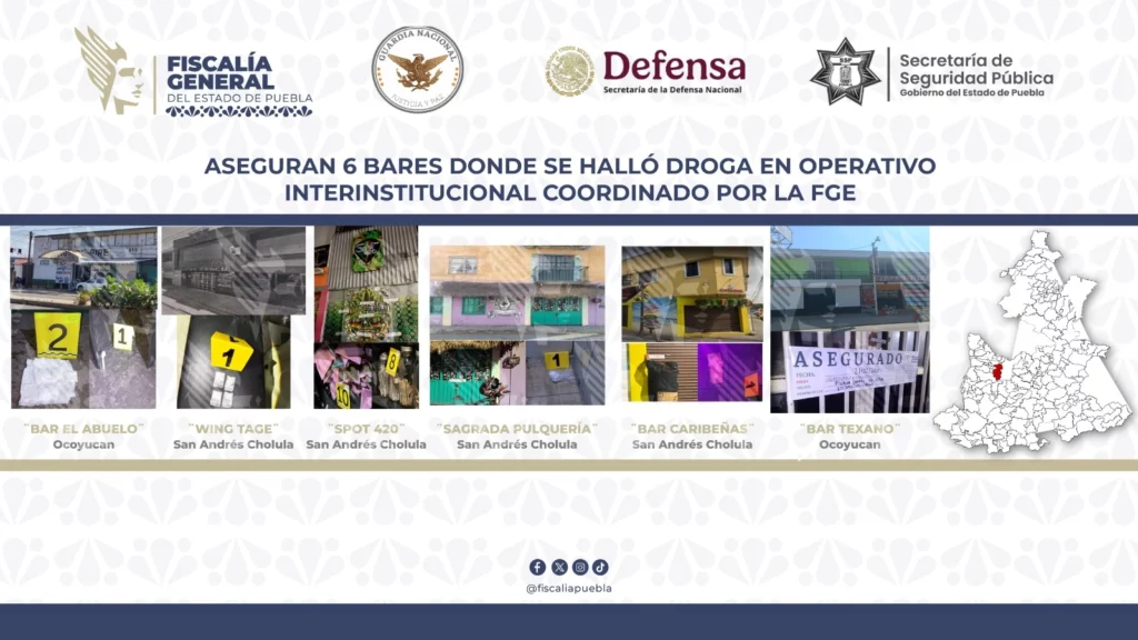 Fueron asegurados seis bares en los municipios de San Andrés Cholula y Santa Clara Ocoyucan donde se localizaron diversas drogas como cocaína y metanfetaminas.