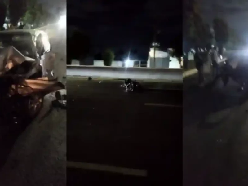 Partes de un auto, conducido por un joven ebrio, esparcidos sobre la Recta a Cholula.