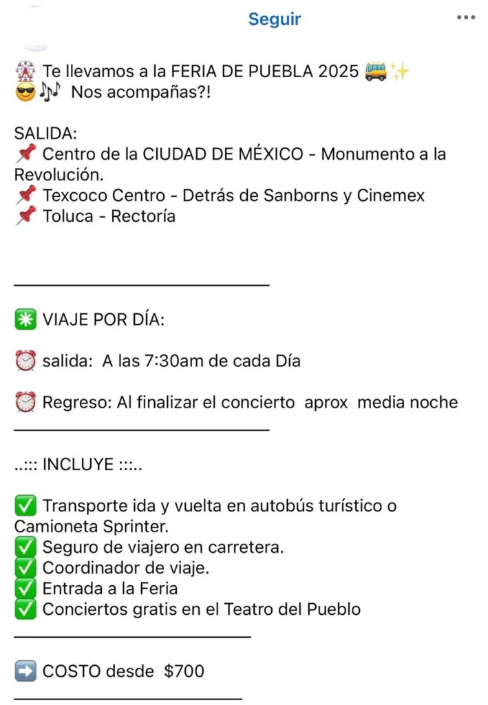 Una de las agencias de viajes que ofrecen recorridos a la Feria de Puebla saldrá de CDMX.