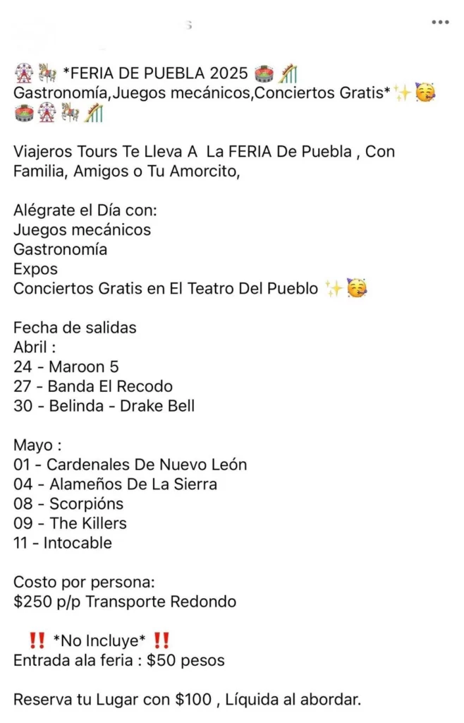 Una empresa tiene programados viajes para Maroon 5, Banda El Recodo, Drake Bell y Belinda, Cardenales de Nuevo León, Scorpions, The Killers e Intocable.