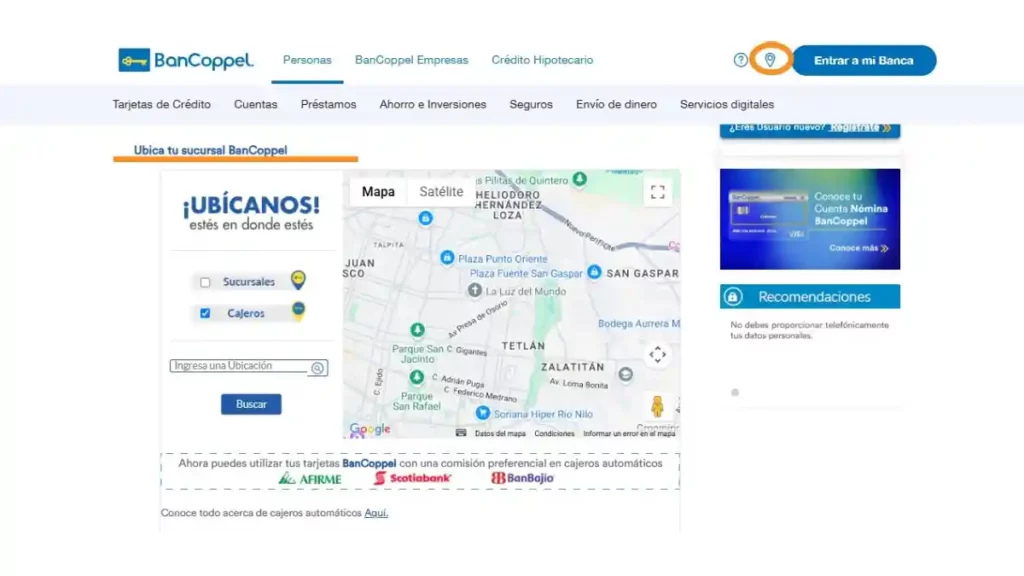 Página de BanCoppel en donde puedes ubicar la sucursal más cercana a tu ubicación.