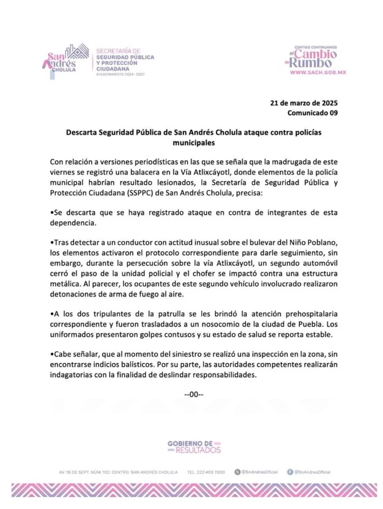 La Ssppc de Cholula descartó que hayan atacado a balazos a policías en la Vía Atlixcáyotl.