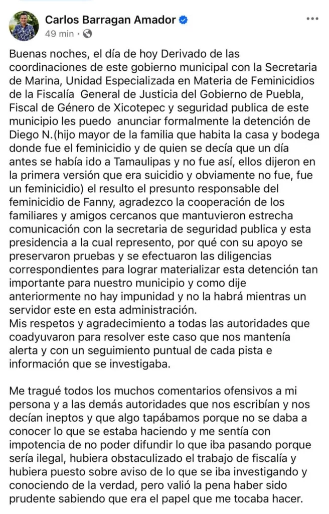 El alcalde Carlos Barragán confirmó la detención del presunto feminicida de Fany en Xicotepec.