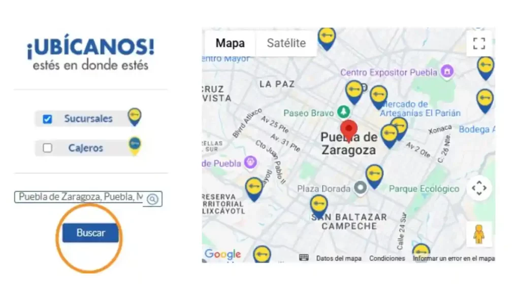Mapa con las sucursales de BanCoppel en la ciudad de Puebla.