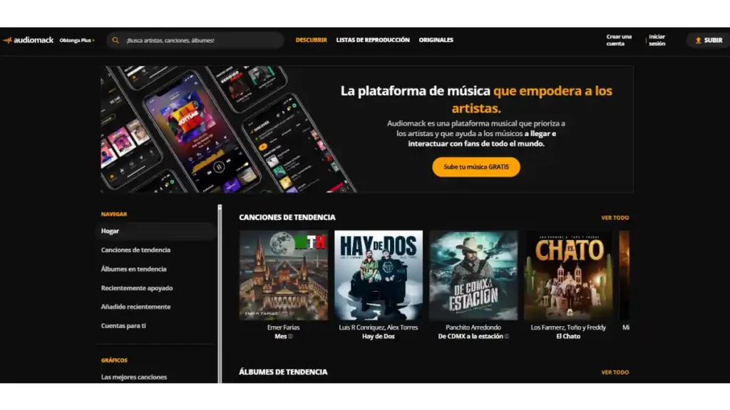 Vista de la plataforma audiomack.