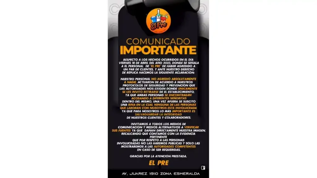 Comunicado del bar El Pre sobre la agresión que sufrieron dos jóvenes que estuvieron en el lugar.
