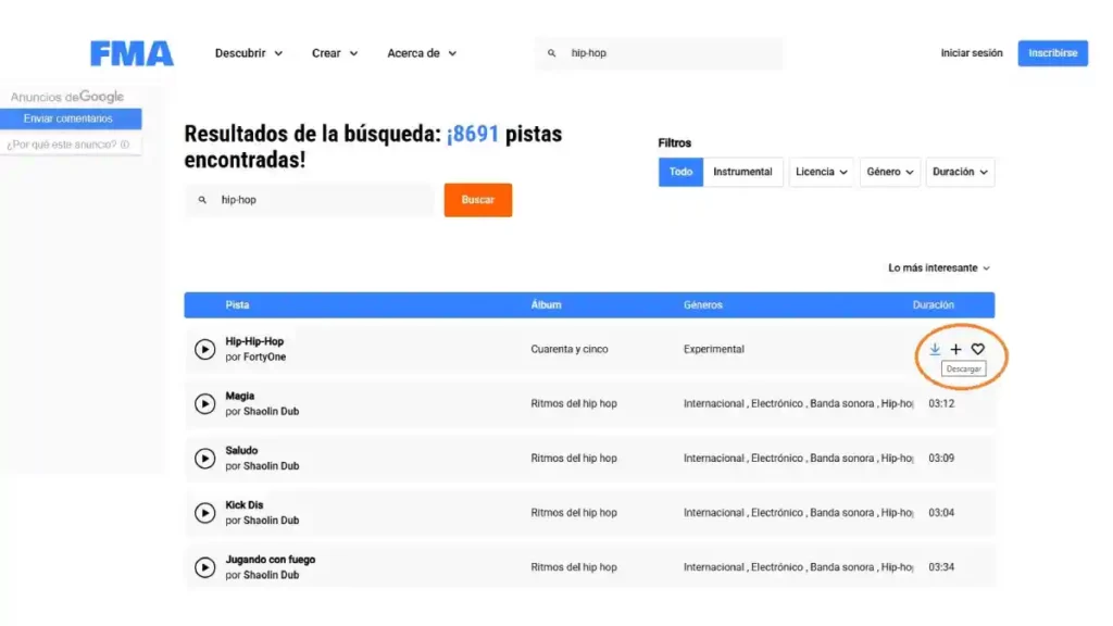 Resultados de la página FMA, utilizada para descargar música.