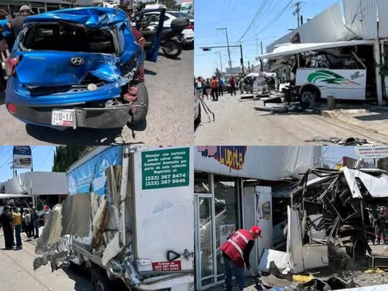 Camión choca y destroza a tres vehículos en Amozoc.