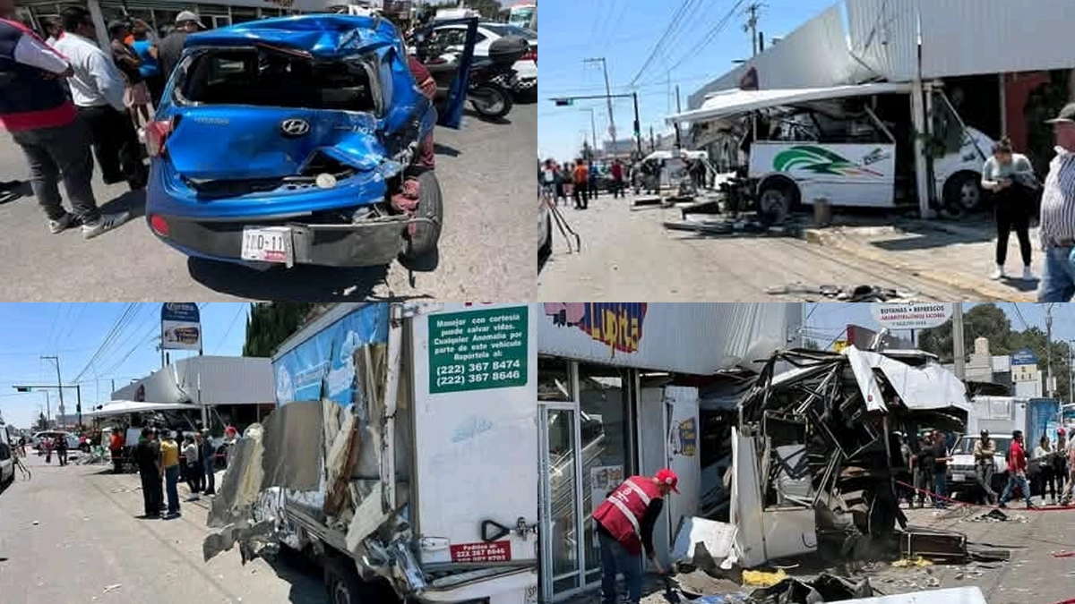 Camión choca y destroza a tres vehículos en Amozoc.