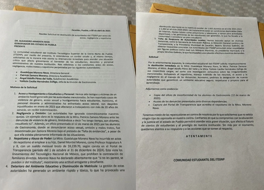 Estudiantes del Instituto Tecnológico de Zacatlán pidieron al gobernador Alejandro Armenta intervenir en sus peticiones.