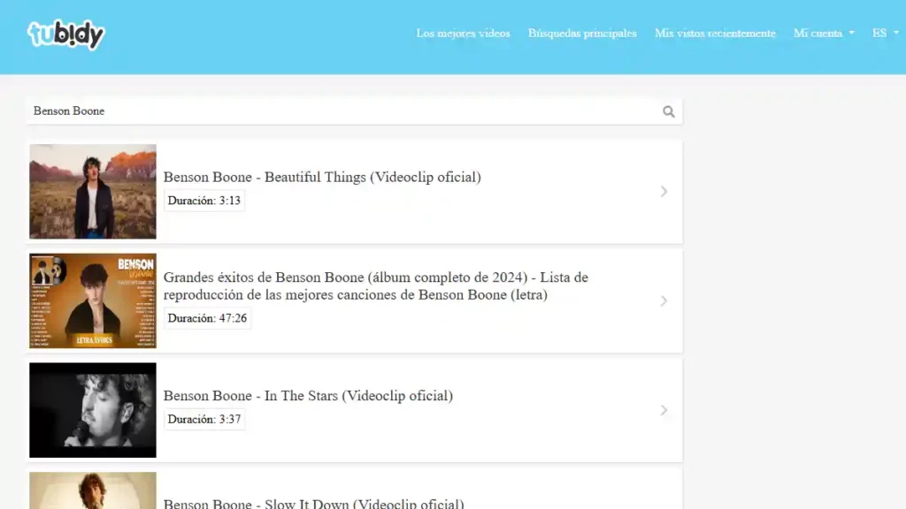 Vista de Tubidy, el sitio donde puedes descargar música y videos.