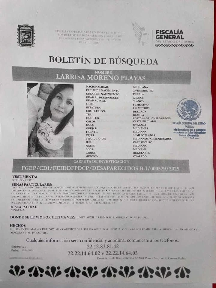 Familiares de Larrisa Moreno Playas se manifestaron este martes 15 de abril para exigir la localización de la mujer de 32 años de edad, quien desapareció en la junta auxiliar Ignacio Romero Vargas.