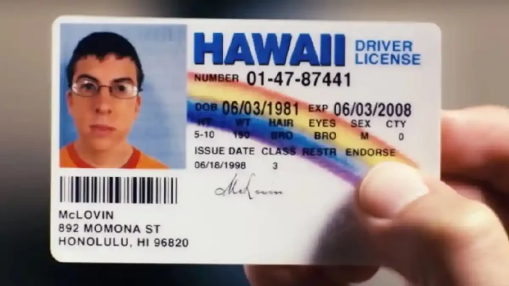 Licencia falsa con el nombre de McLovin que sale en la película Superbad.