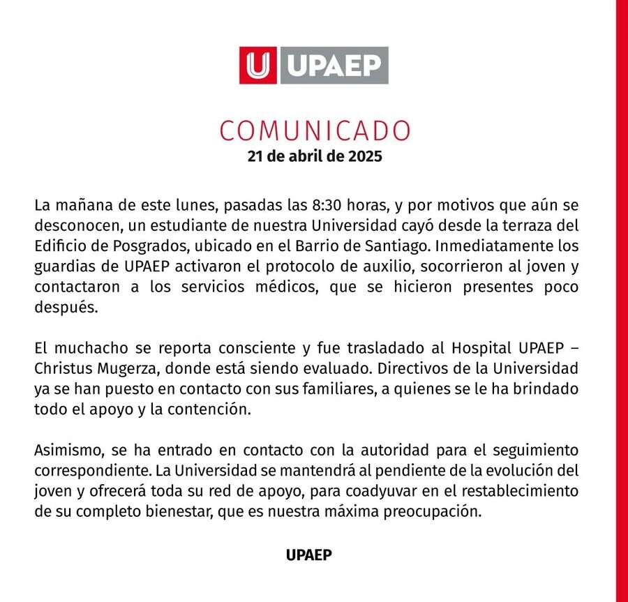 Se desconoce el porqué el estudiante de la Upaep se aventó del Edificio de Posgrados.