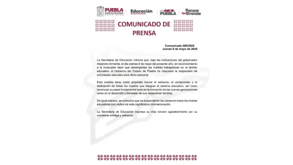 Comunicado de la SEP sobre la suspensión de clases del día de mañana 9 de mayo.