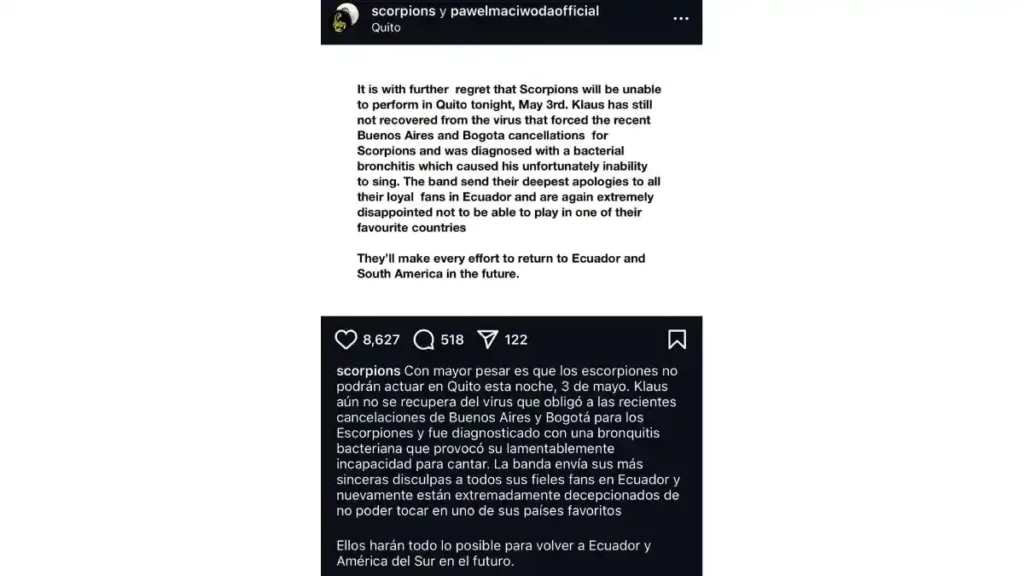 Mensaje de Scorpions sobre la cancelación de su concierto en Ecuador este 3 de mayo de 2025.