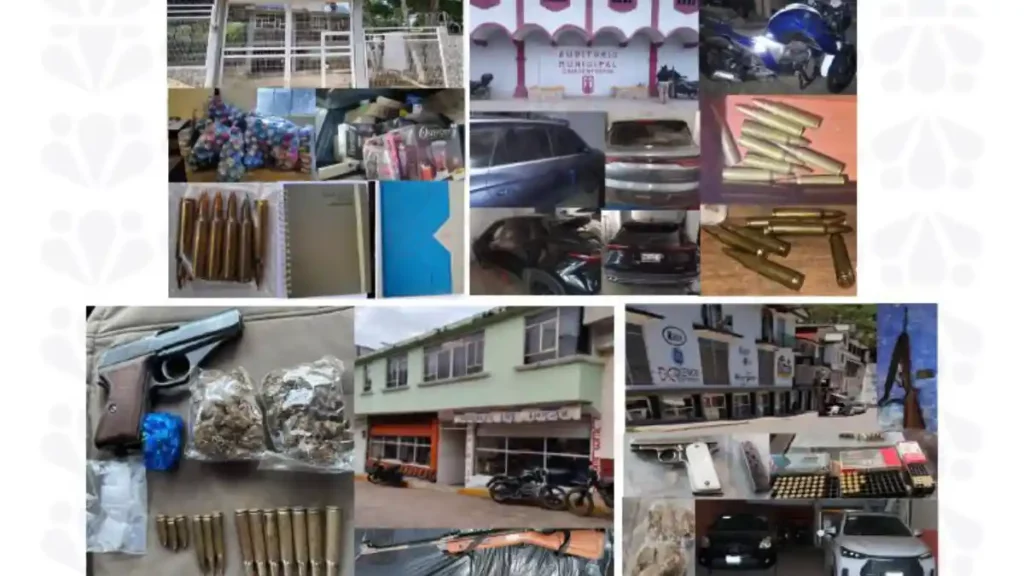 Inmuebles y objetos decomisados en los cateos realizados en los municipios de Cuautempan y Ahuacatlán.