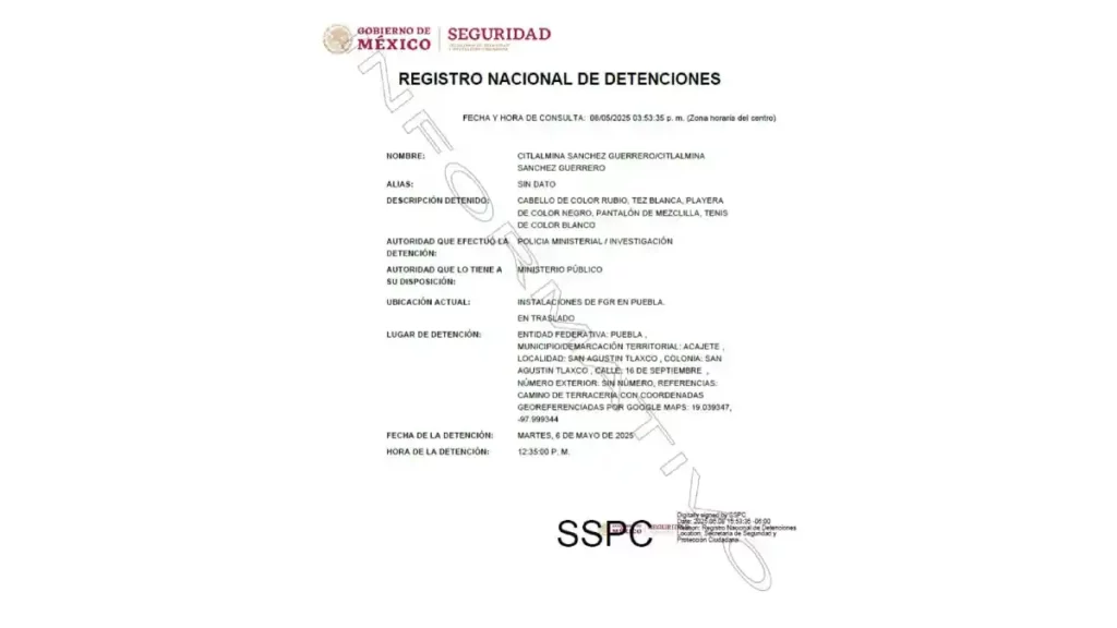 Registro de la detención de la Citlalmina Sánchez Guerrero, hija José Cruz Sánchez.