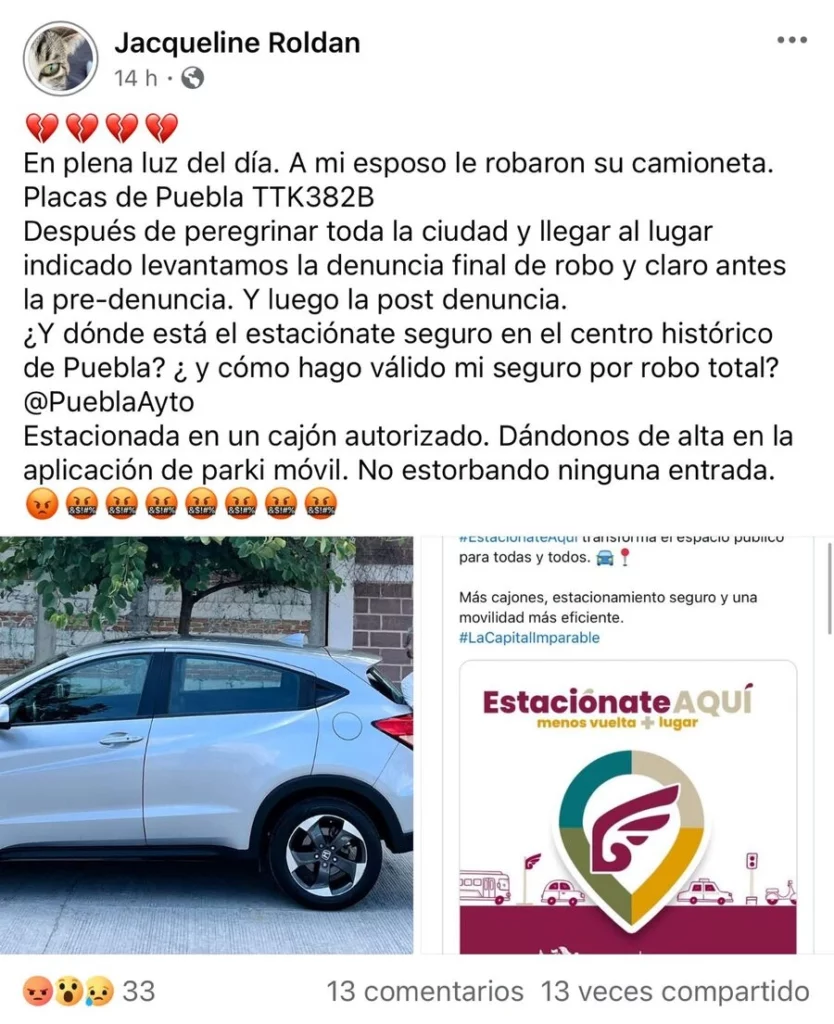 El 6 de mayo, se reportó el robo de una camioneta estacionada en los parquímetros de Puebla.