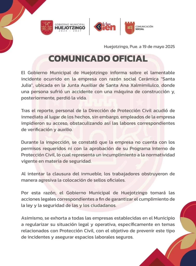 Un trabajador perdió la vida tras sufrir un accidente en la empresa Cerámica Santa Julia ubicada en Santa Ana Xalmimilulco, en el municipio de Huejotzingo.