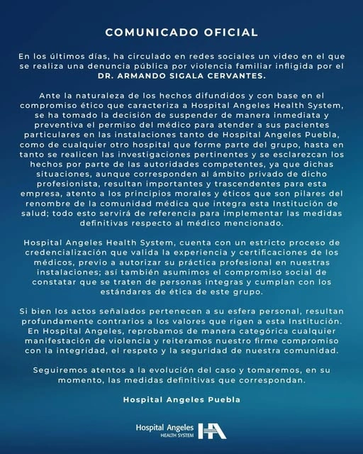 El Hospital Ángeles de Puebla suspendió, de manera preventiva, al médico violentador de mujeres.
