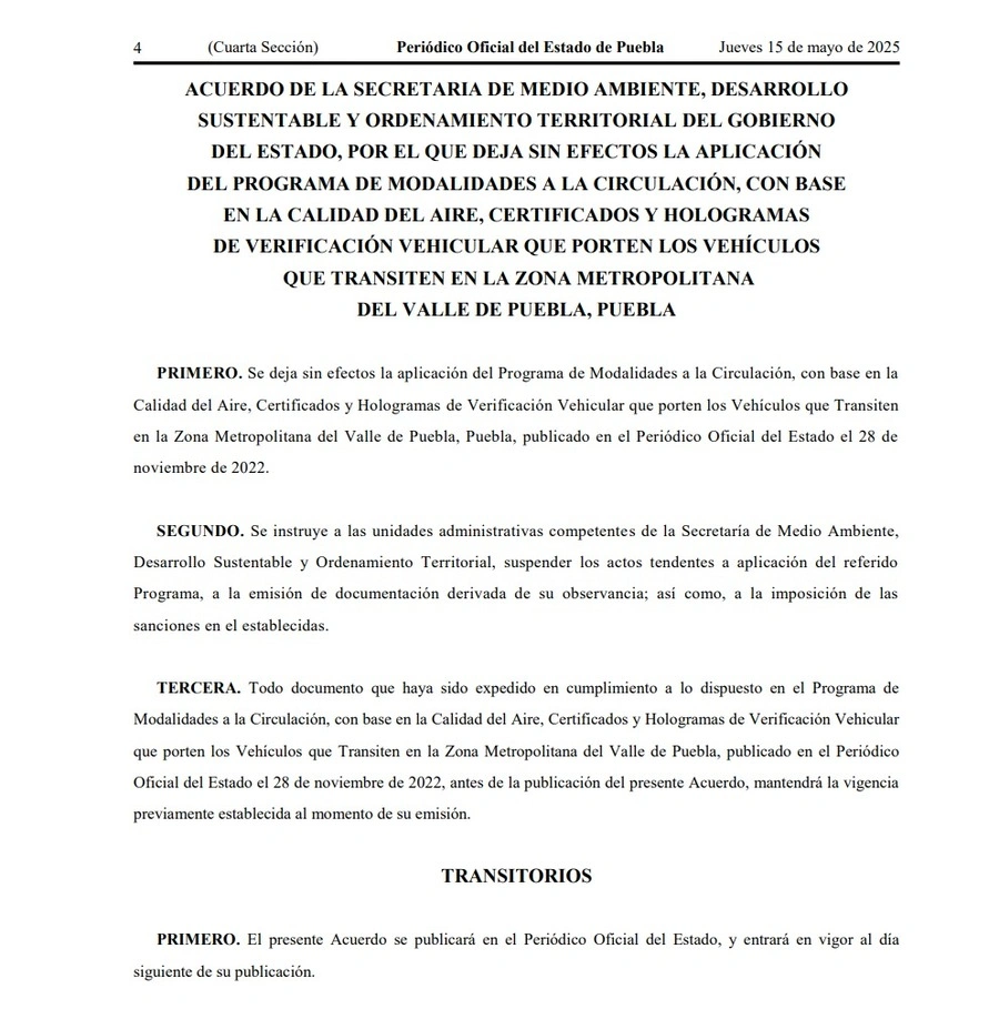 A partir de este 16 de mayo, Armenta anuló el acuerdo del "Hoy no circula" en Puebla.