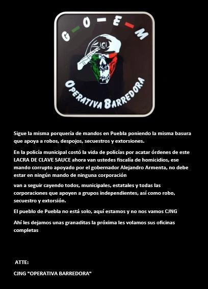 En un comunicado, la Operativa Barredora dijo que fue la autora del atentado contra policías en Coronango.