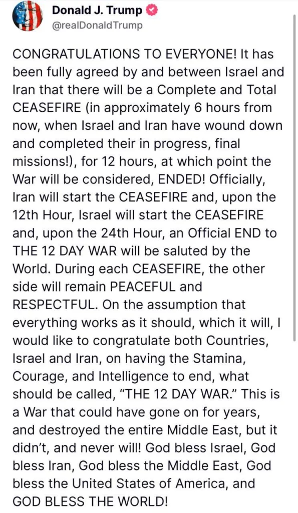 El presidente de Estados Unidos (EE. UU.) Donald Trump anunció el “fin de la guerra” entre Israel e Irán, conflicto que inició hace 12 días.