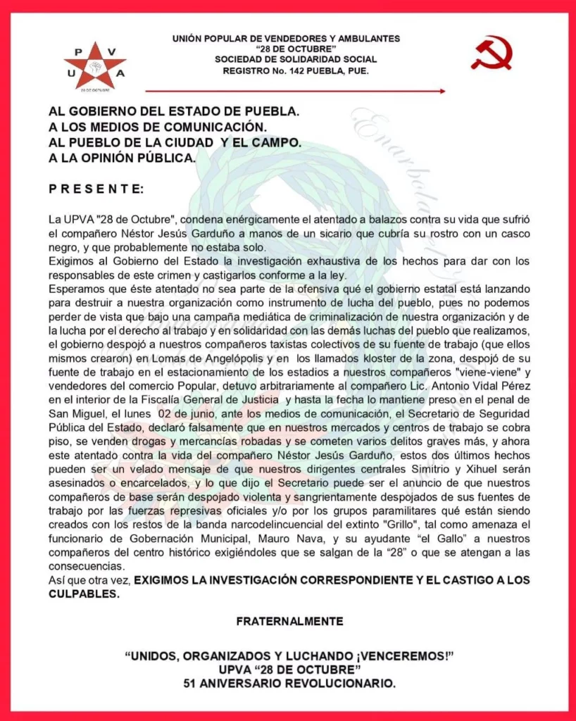 Ya murió Néstor Jesús Garduño, coordinador de la Unión Popular de Vendedores Ambulantes “28 de Octubre”.