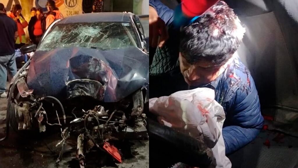 Fotos del auto y del presidente municipal de Caltepec tras accidente vial.