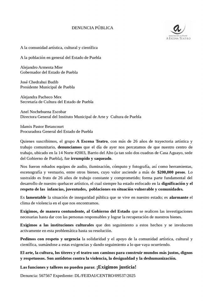 La compañía Títeres A Escena Teatro fue víctima de un robo en su sede ubicada en el Barrio El Alto de la ciudad de Puebla.