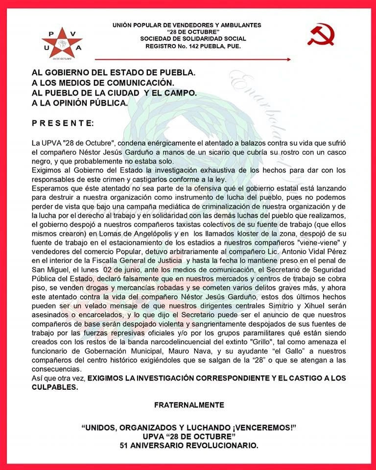 La 28 de Octubre condena el atentado contra su coordinador.