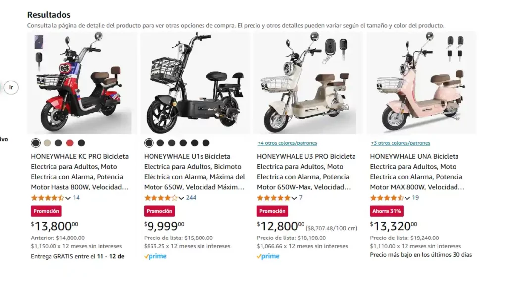 Modelos de motos eléctricas de venta en Amazon.