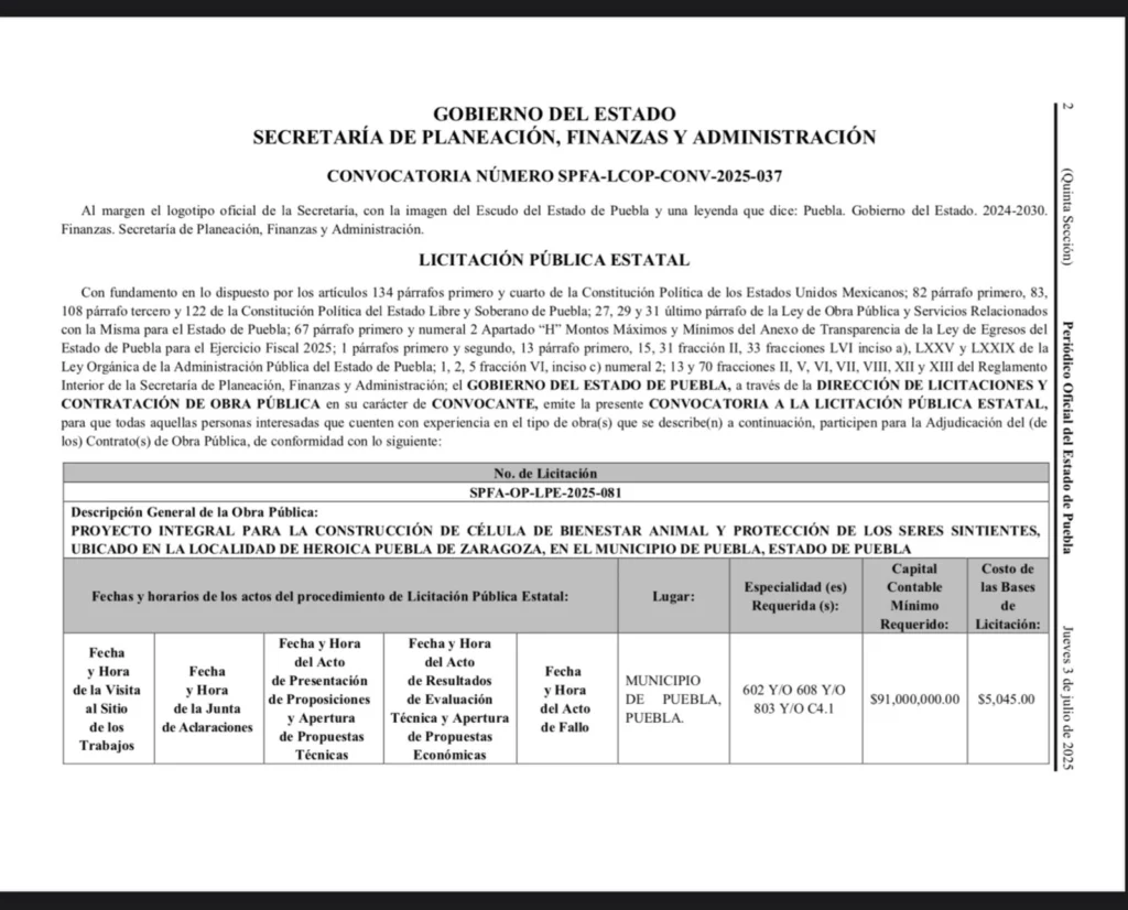 De acuerdo con la licitación, el Centro de Bienestar Animal de Puebla estará listo en 2026.  