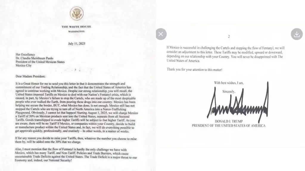 Carta de Donald Trump dirigida a la presidenta Claudia Sheinbaum.