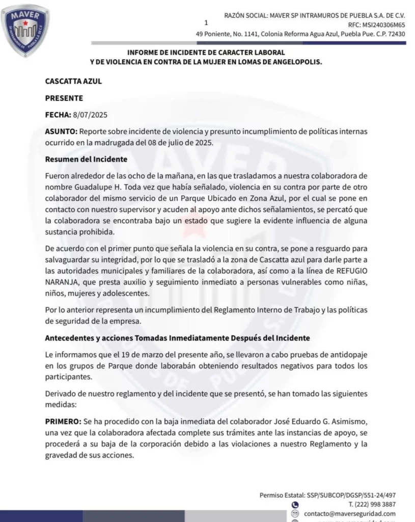Una guardia de Lomas de Angelópolis acusó que fue víctima de abuso sexual y la cesarán de su empleo.