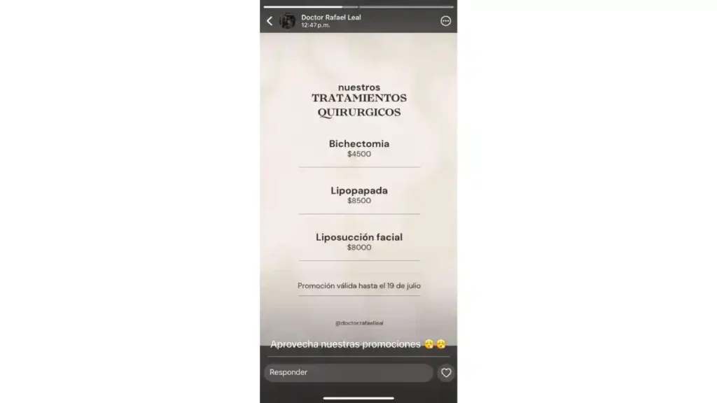Historia de los servicios que ofrece el Doctor Rafael Leal publicada en sus redes sociales.