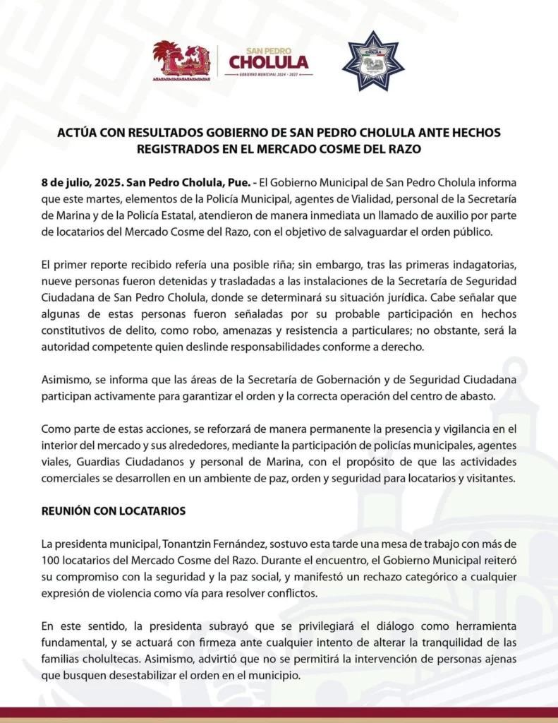 Un enfrentamiento en el mercado Cosme del Razo, en San Pedro Cholula, dejó como saldo nueve personas detenidas