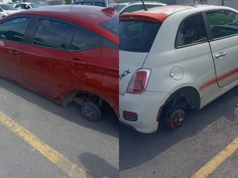 Dejan sin llantas a autos en Plaza San Diego