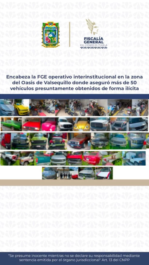 En la zona conocida como Oasis Valsequillo, en la ciudad de Puebla, autoridades aseguraron más de medio centenar de vehículos robados.