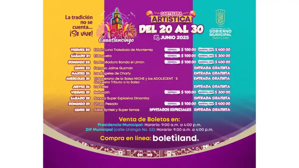 Cartelera de artistas de la Feria de Cuautlancingo.