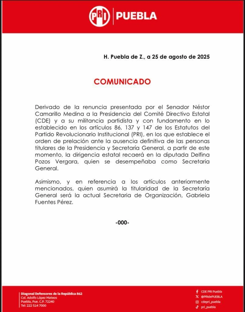Este lunes, Néstor Camarillo confirmó su renuncia al PRI de Puebla.