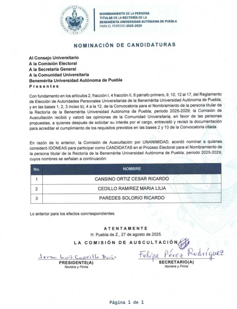 Lilia Cedillo Ramírez, Cesar Ricardo Cansino Ruíz y Ricardo Paredes Solorio son los candidatos por la rectoría de la Benemérita Universidad Autónoma de Puebla (BUAP).