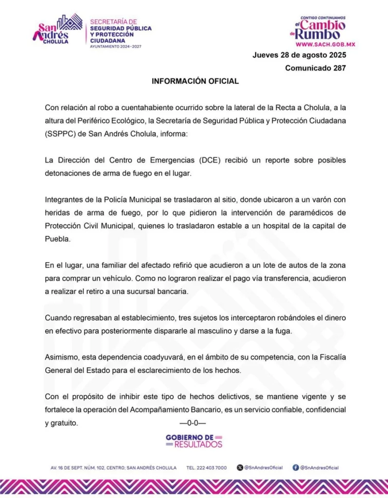 Fue durante la tarde de este 28 de agosto que un cuentahabiente fue baleado al interior de un lote de autos ubicado en La Recta a Cholula.