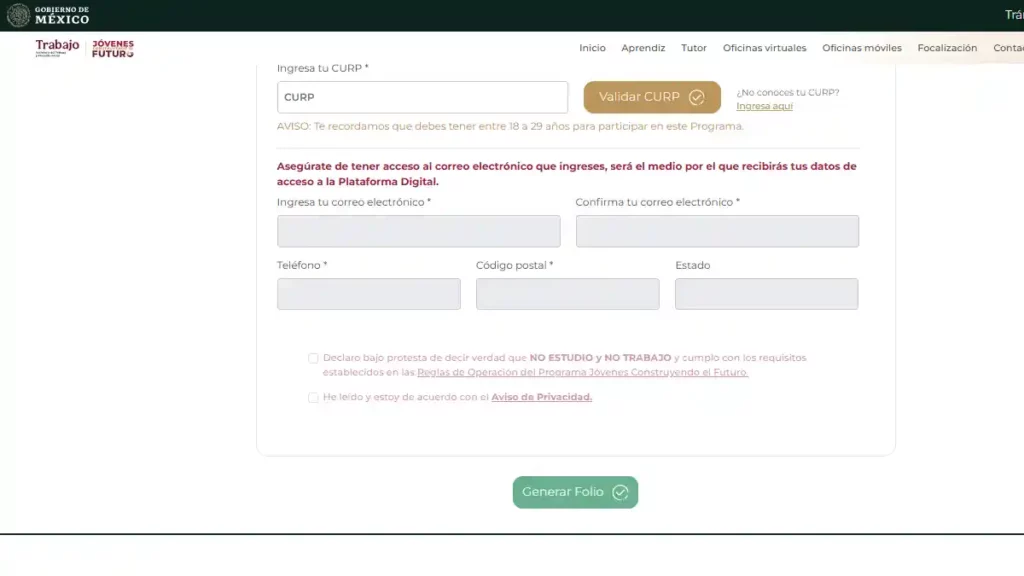 Formulario para el registro de Jóvenes Construyendo el Futuro 2025.