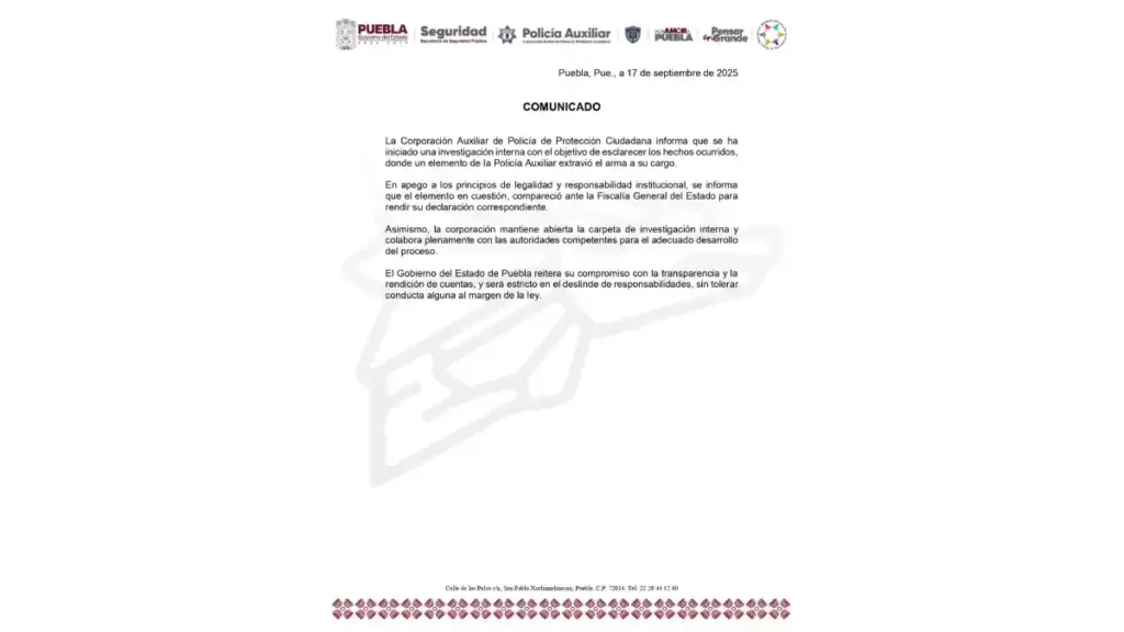Comunicado sobre lo que ocurrió con un policía auxiliar.
