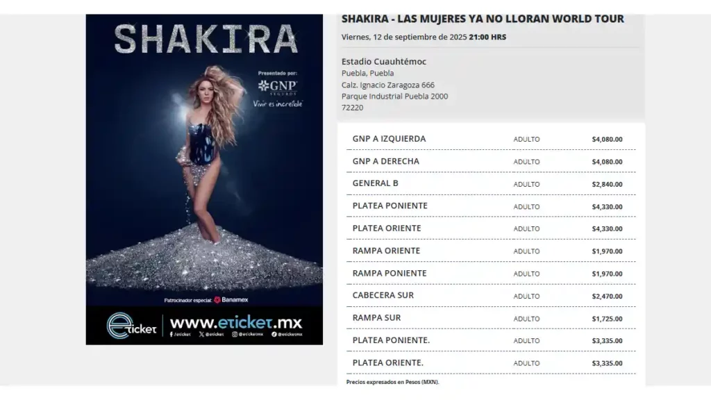 Precio de los boletos para el concierto de Shakira programado para el 12 de septiembre.