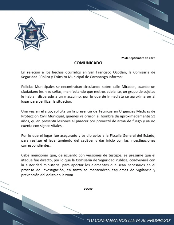 A balazos asesinaron a un hombre la tarde de este jueves 25 de septiembre en calles de la junta auxiliar de San Francisco Ocotlán en el municipio de Coronango.
